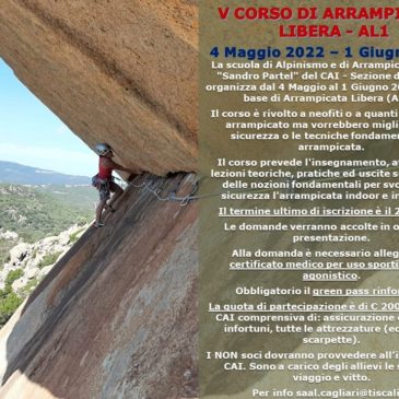 V Corso AL1- Arrampicata Libera dal 4 Maggio al 1 Giugno 2022