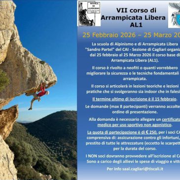 VII Corso AL1 – Arrampicata Libera Base dal 25 febbraio 2026 al 25 marzo 2026